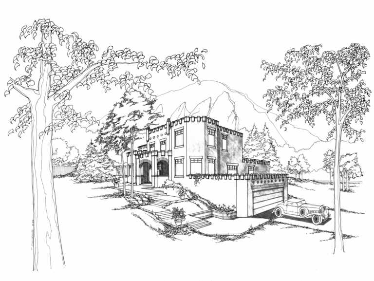 Hand‑drawn architectural sketch of The Castle in Boulder, Colorado, by Karl Whitten