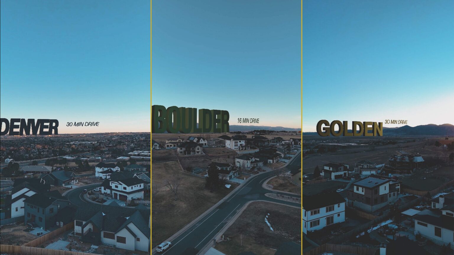 Drone view showing the location of 1147 West Enclave in relation to Denver, Boulder, and Golden with driving distances noted