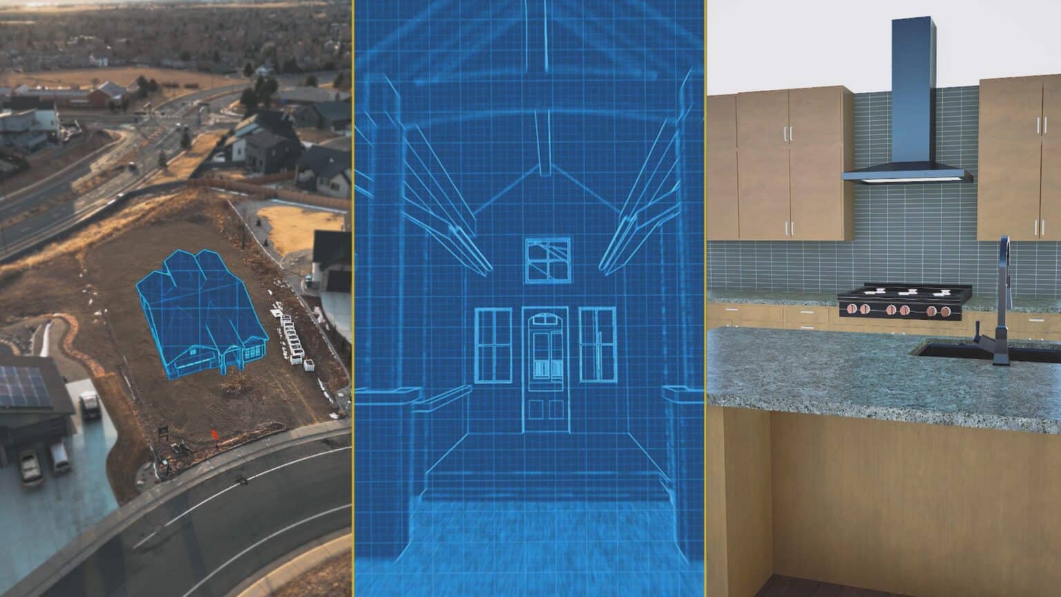 Blueprint-style home rendering placed on the construction lot at 1147 West Enclave in Louisville, CO
