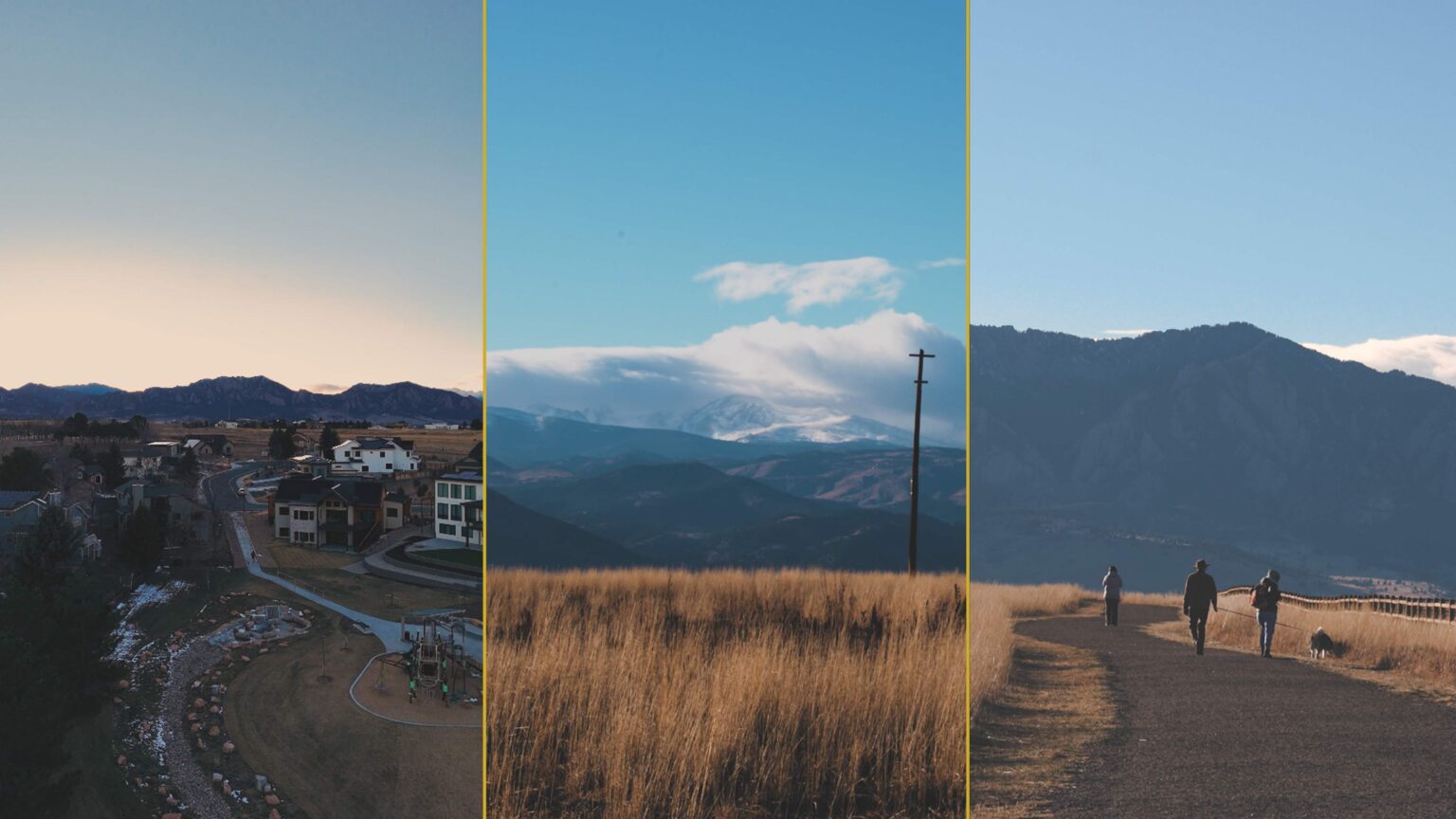 Banner image showing Davidson Mesa Open Space, a nearby trailhead, and an aerial view toward the Front Range mountains from near 1147 West Enclave in Louisville, CO