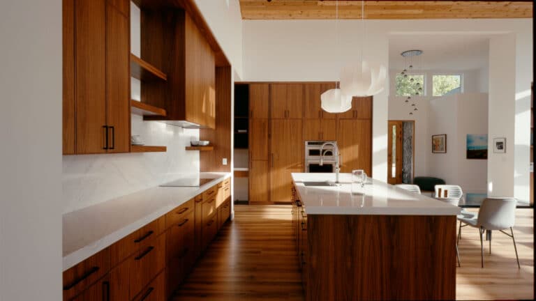Modern kitchen with wooden cabinetry.