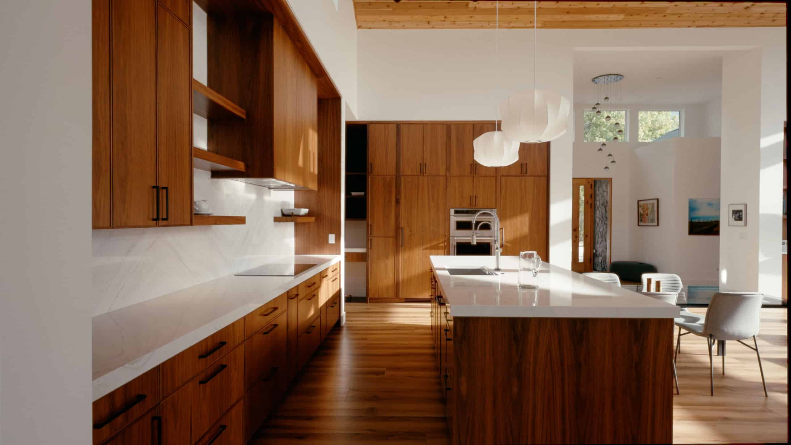 Modern kitchen with wooden cabinetry.