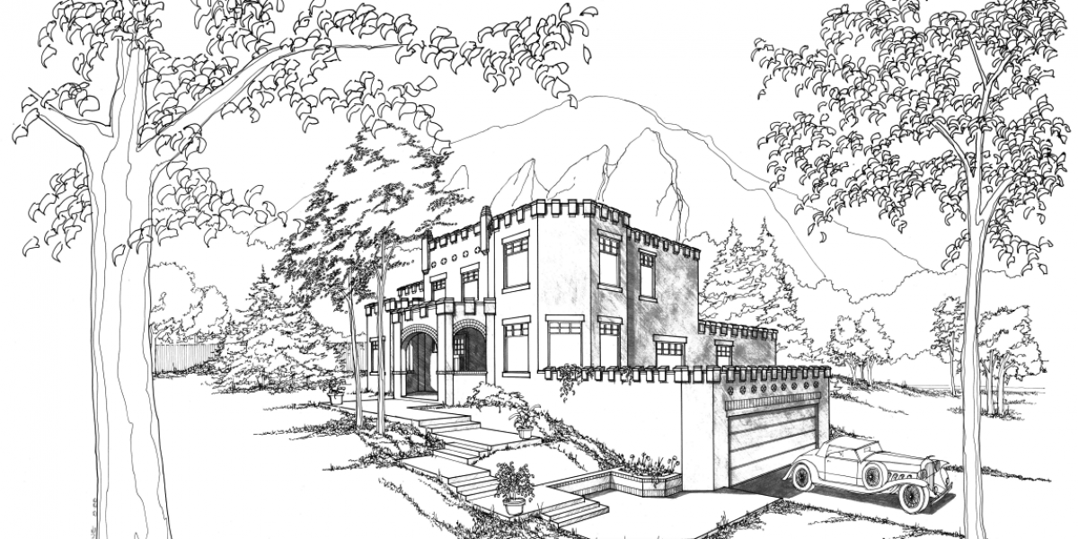 Hand‑drawn architectural sketch of The Castle in Boulder, Colorado, by Karl Whitten